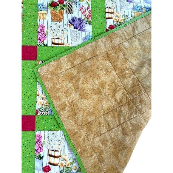 Quilt Hand Made By Church Ladies Tile Pattern Summer Cottage Garden 38”x55” - Picture 3 of 6